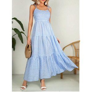 Blue Gingham Shirred Cami Dress